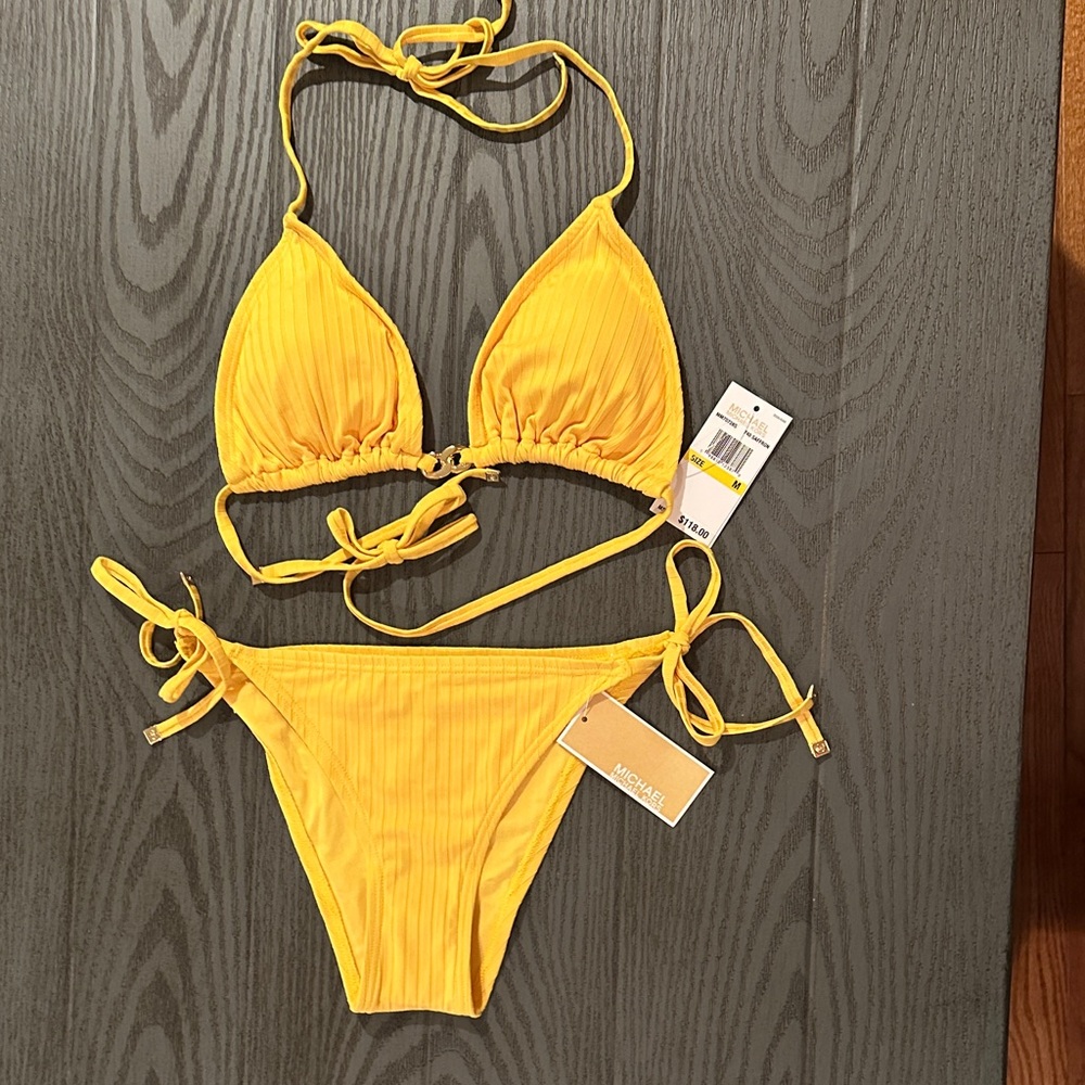 Michael Kors Yellow Ribbed String Bikini Set